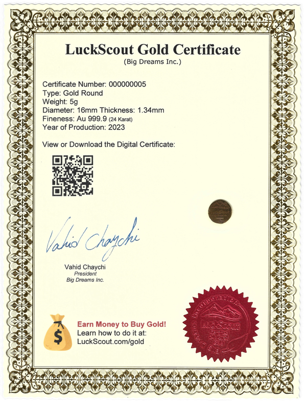 Sample of a LuckScout Gold Certificate for 5g Rounds Sample of a LuckScout Gold Certificate for 5g Rounds