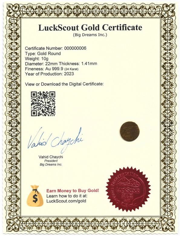Sample of a LuckScout Gold Certificate for 10g Rounds Sample of a LuckScout Gold Certificate for 10g Rounds