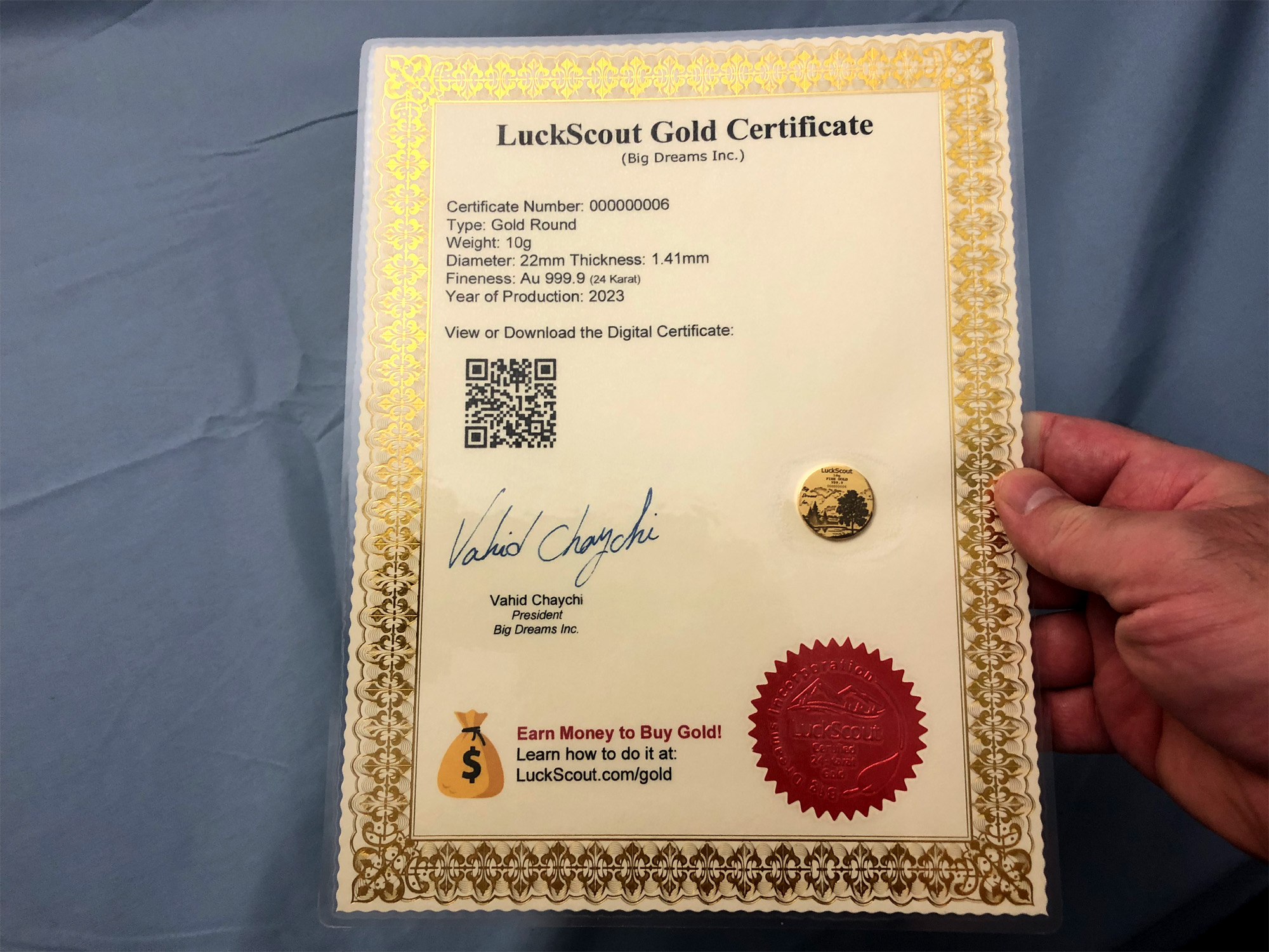 Sample of a LuckScout Gold Certificate for 10g Rounds Sample of a LuckScout Gold Certificate for 10g Rounds