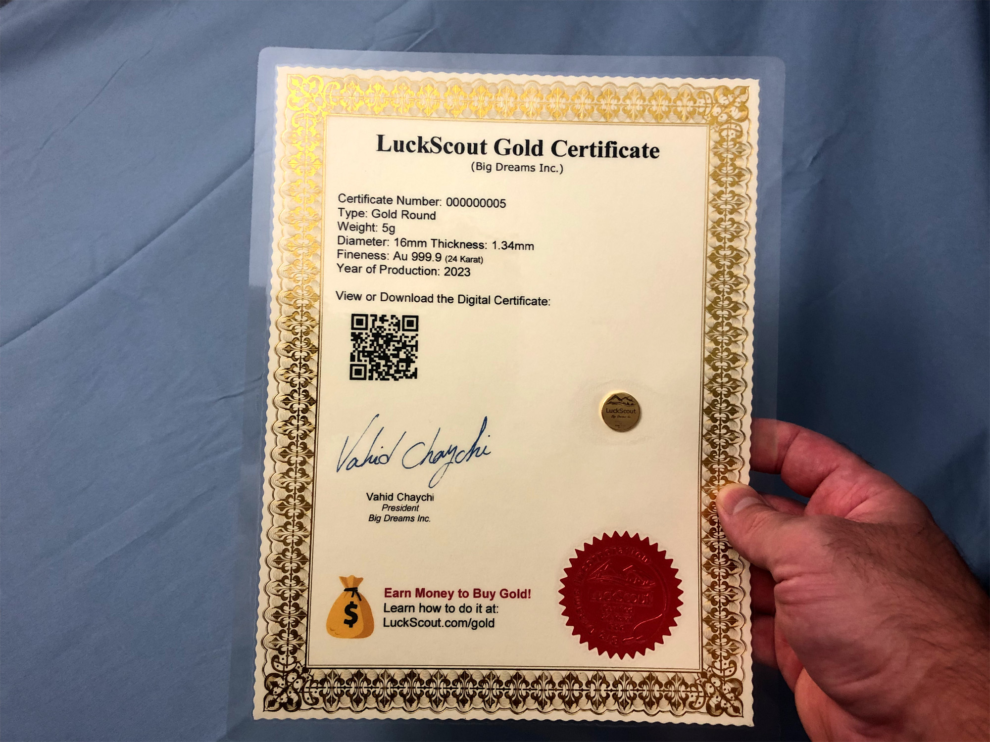 Sample of a LuckScout Gold Certificate for 5g Rounds Sample of a LuckScout Gold Certificate for 5g Rounds