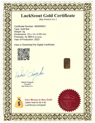 A Sample of the LuckScout Gold Certificates for 5g Bars