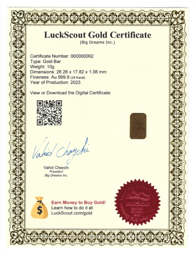 A Sample of the LuckScout Gold Certificates for 10g Bars